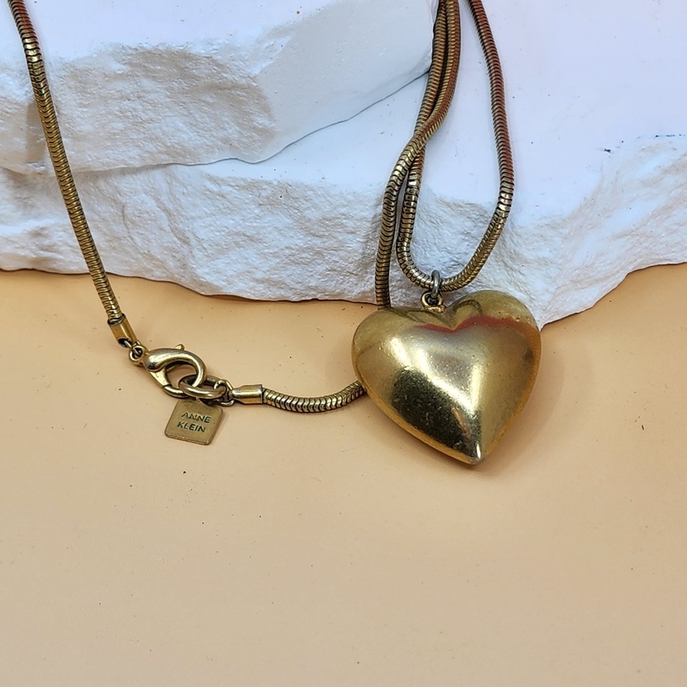 Anne Klein Gold Tone Puffy Heart Pendant Snake Chain Necklace Romantic Vintage